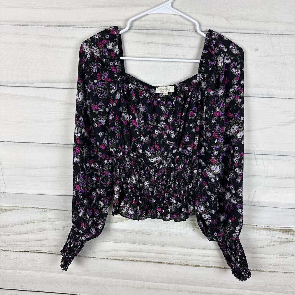Ultra Flirt Square Neck Smocked Waist Floral Long Sleeve Cropped Top